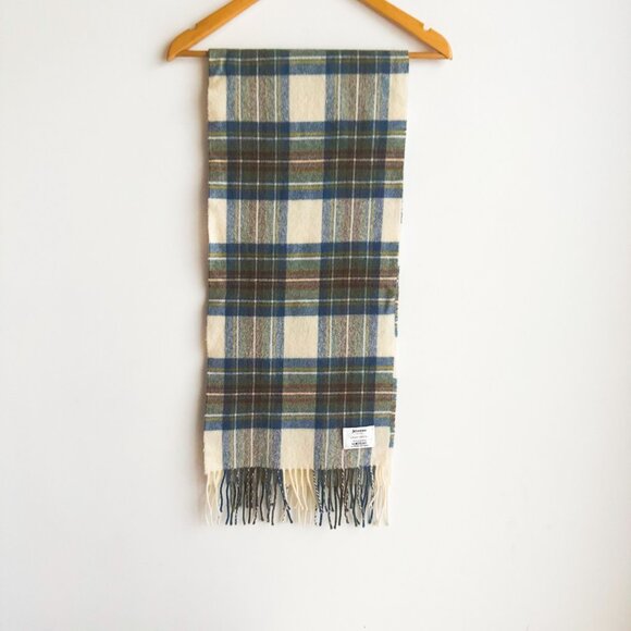 Johnstons Lambswool Blue Brown Plaid Scarf Made in Scotland - Picture 2 of 5